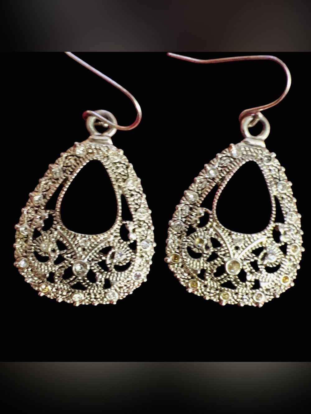 Delicate Silver and Crystal Teardrop Filigree Earrings